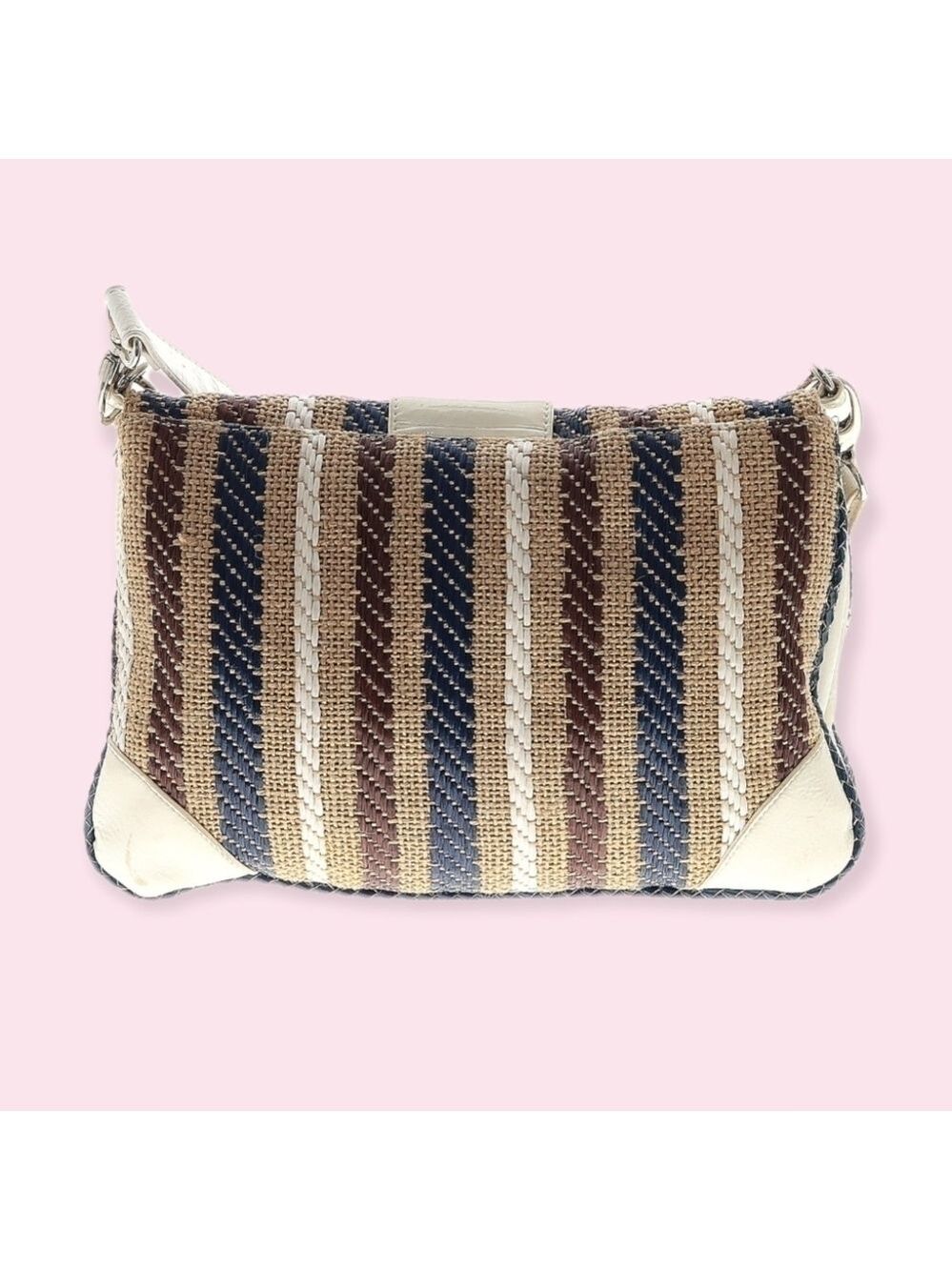 70s Canvas & Leather Turn Lock Satchel Crossbody Handbag Striped Neutral Boho - Picture 5 of 11